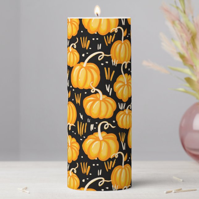 Modern Halloween Pumpkin Patch pattern Pillar Candle (In Situ)