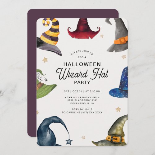 Modern Halloween Purple Wizard Hat Party Invitation