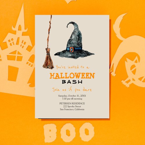Modern Halloween simple broom and witch hat party Invitation