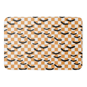 Modern Halloween Spooky Bats Orange Checkerboard Bath Mat