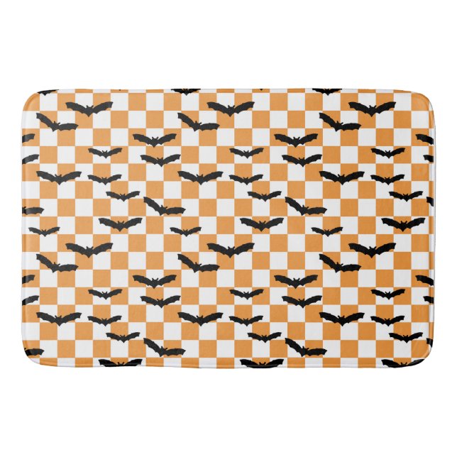 Modern Halloween Spooky Bats Orange Checkerboard Bath Mat (Front)