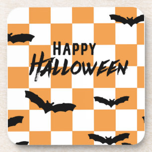 Modern Halloween Spooky Bats Orange Checkerboard Beverage Coaster