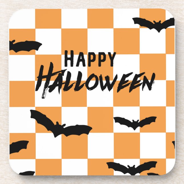 Modern Halloween Spooky Bats Orange Checkerboard Beverage Coaster (Front)