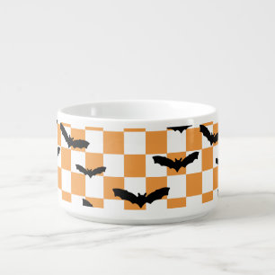 Modern Halloween Spooky Bats Orange Checkerboard Bowl
