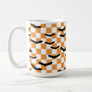 Modern Halloween Spooky Bats Orange Checkerboard Coffee Mug