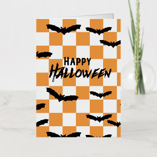 Modern Halloween Spooky Bats Orange Checkerboard Foil Greeting Card