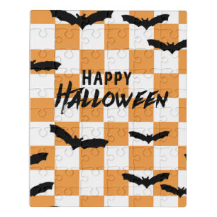 Modern Halloween Spooky Bats Orange Checkerboard Jigsaw Puzzle