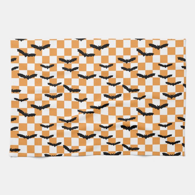 Modern Halloween Spooky Bats Orange Checkerboard Kitchen Towel (Horizontal)