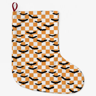 Modern Halloween Spooky Bats Orange Checkerboard Large Christmas Stocking