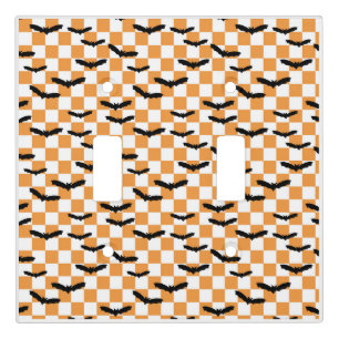 Modern Halloween Spooky Bats Orange Checkerboard Light Switch Cover