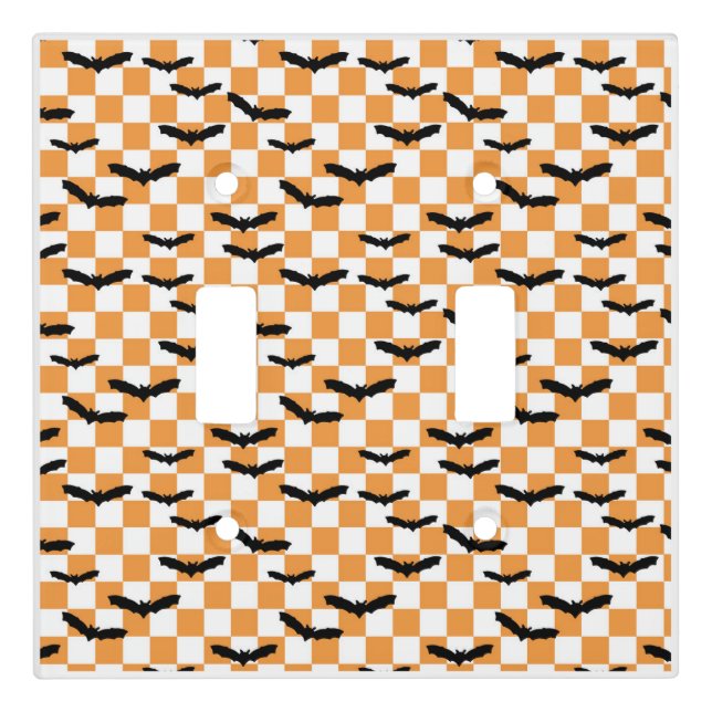Modern Halloween Spooky Bats Orange Checkerboard Light Switch Cover (Front)