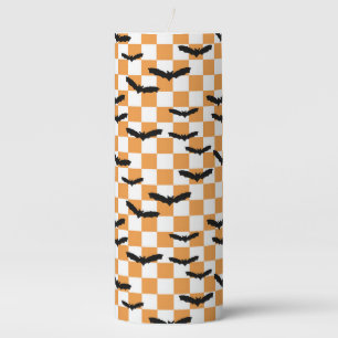 Modern Halloween Spooky Bats Orange Checkerboard Pillar Candle