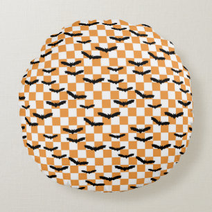 Modern Halloween Spooky Bats Orange Checkerboard Round Pillow