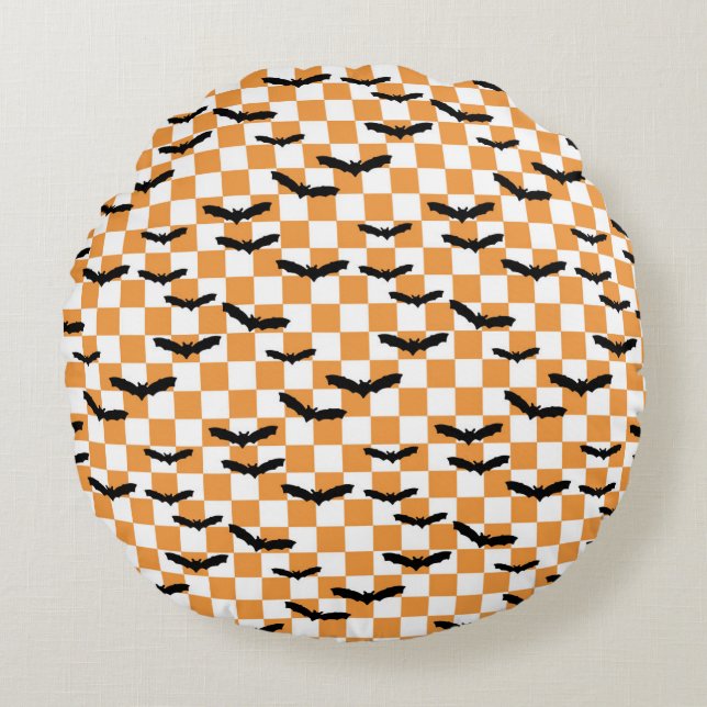 Modern Halloween Spooky Bats Orange Checkerboard Round Pillow (Front)
