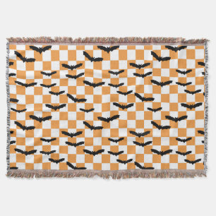 Modern Halloween Spooky Bats Orange Checkerboard Throw Blanket