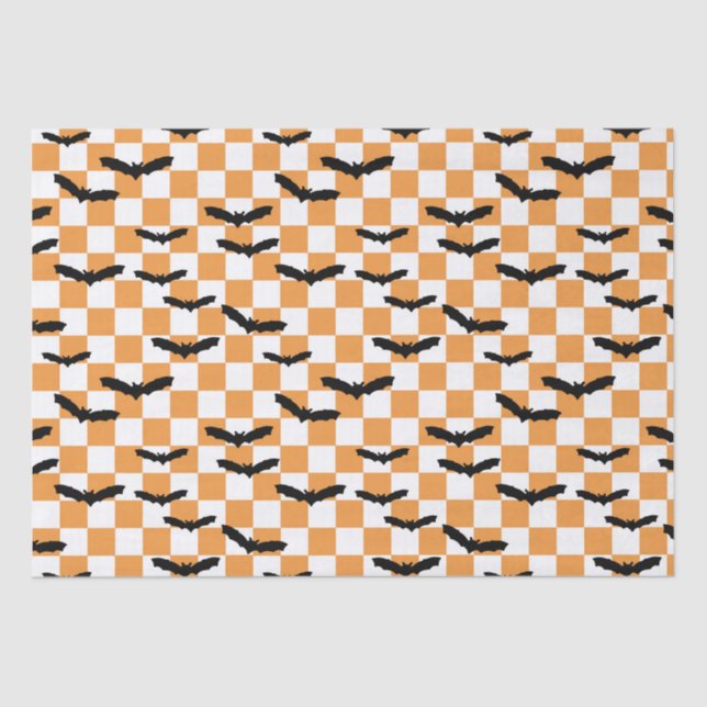 Modern Halloween Spooky Bats Orange Checkerboard Tissue Paper (Front)