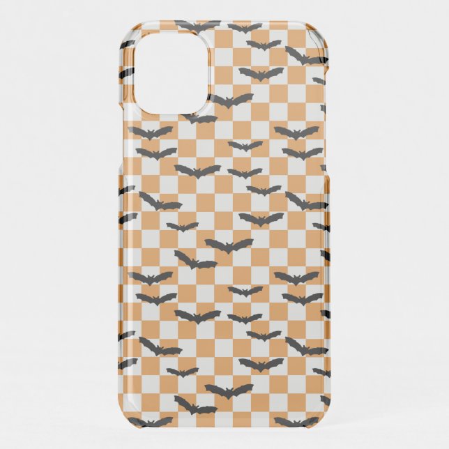 Modern Halloween Spooky Bats Orange Checkerboard Uncommon iPhone Case (Back)