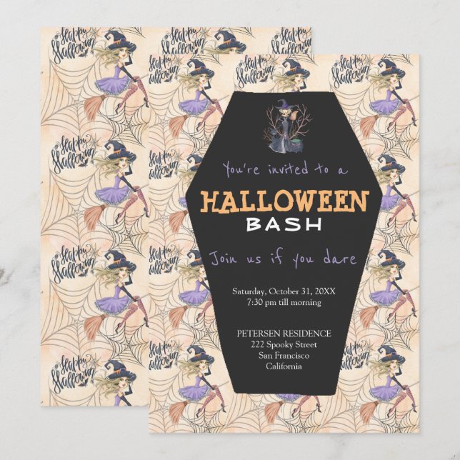 Modern Halloween witches with broom party Invitation (Front/Back)