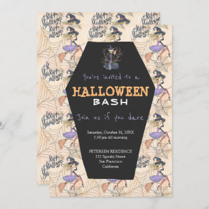 Modern Halloween witches with broom party Invitation