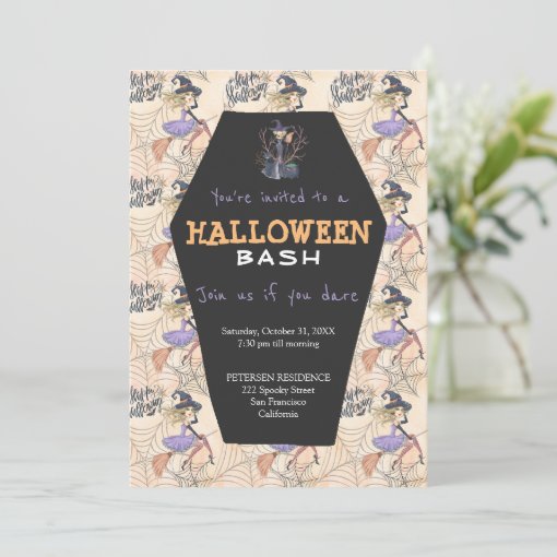 Modern Halloween witches with broom party Invitation | Zazzle