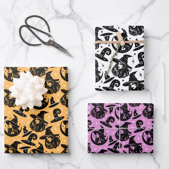 Modern Halloween Woman Witches Hat  Wrapping Paper Sheets (Front)