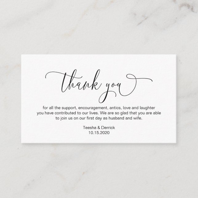 Modern hand Black ink script, Wedding Thank you Enclosure Card (Front)