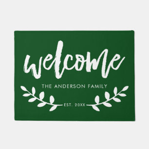 Modern Hand Brushed Font Leaf Personalized Green Doormat