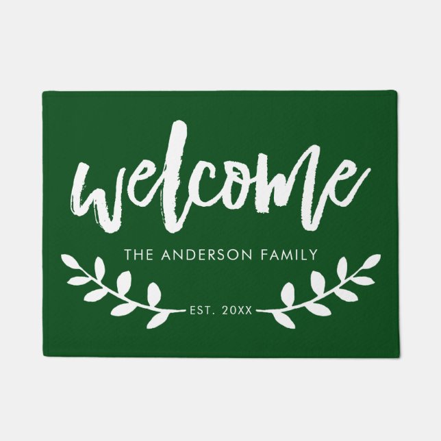 Modern Hand Brushed Font Leaf Personalized Green Doormat (Front)