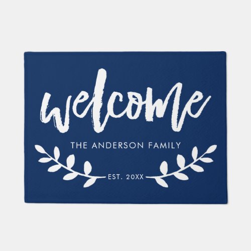 Modern Hand Brushed Font Leaf Personalized Navy Doormat