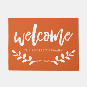 Modern Hand Brushed Font Leaf Personalized Orange Doormat