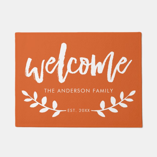 Modern Hand Brushed Font Leaf Personalized Orange Doormat (Front)