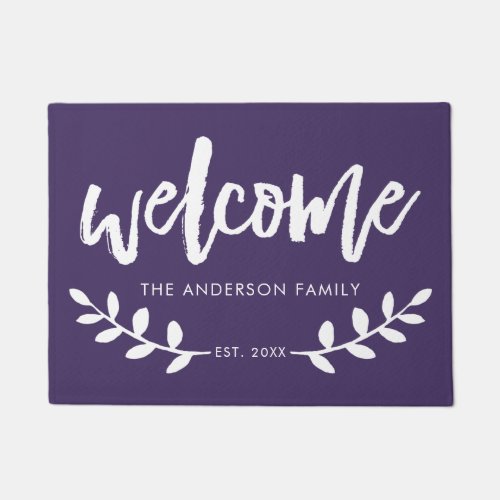 Modern Hand Brushed Font Leaf Personalized Purple Doormat