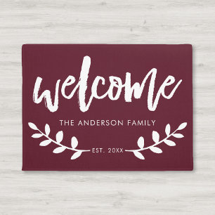 Modern Hand Brushed Leaf Personalized Burgundy Doormat