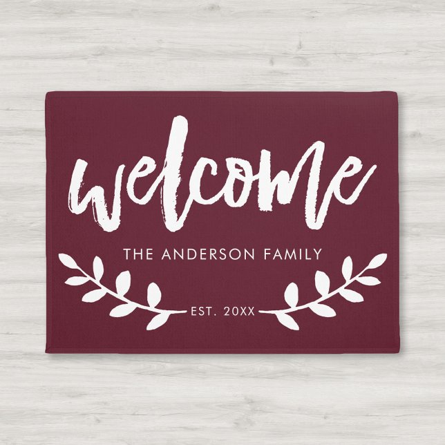 Modern Hand Brushed Leaf Personalized Burgundy Doormat (Creator Uploaded)