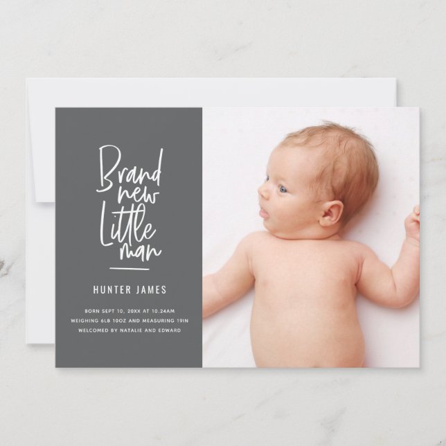 Modern hand drawn baby boy birth announcement (Front)