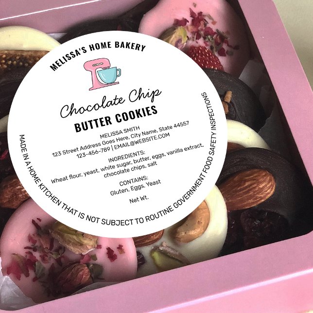 Modern Hand Drawn Bakery Food License Label (Trendy home bakery food labels with ingredients, contact details and a cute mixer clip art )