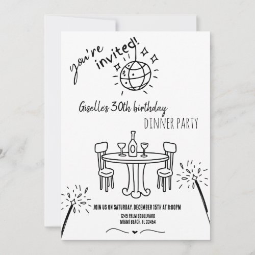 Modern Hand Drawn Birthday Dinner Party Invitation