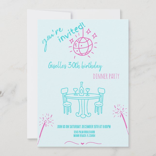 Modern Hand Drawn Birthday Dinner Party Invitation (Front)