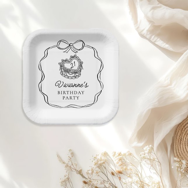 Modern Hand Drawn Black Bow Girl Birthday Paper Plates (Creator Uploaded)