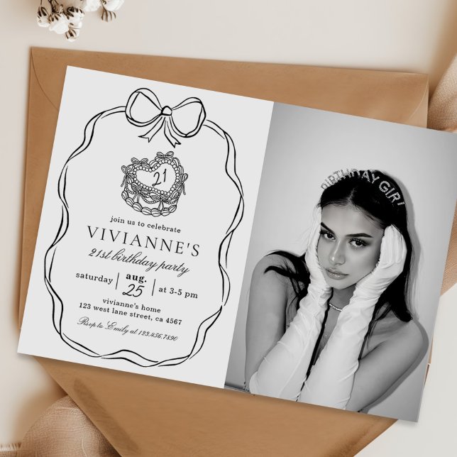 Modern Hand Drawn Black Bow Girl Birthday Photo Invitation (Creator Uploaded)