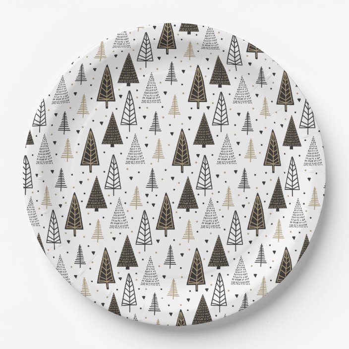 Modern Hand Drawn Black Gold Pine Trees Paper Plate