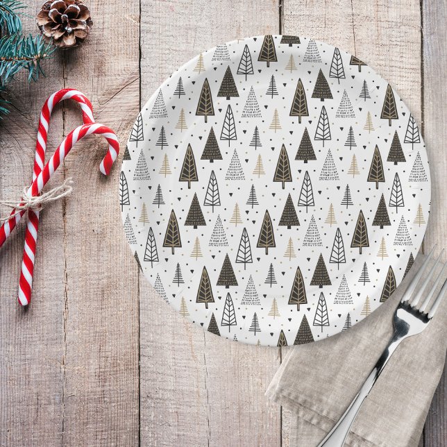 Modern Hand Drawn Black Gold Pine Trees Paper Plates (Creator Uploaded)