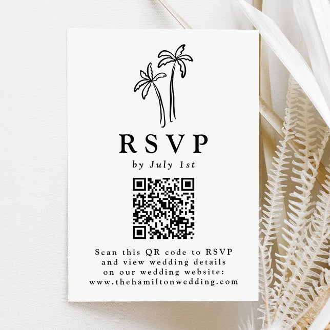 Modern Hand-Drawn Black Palm Trees QR Code Wedding RSVP Card (Creator Uploaded)