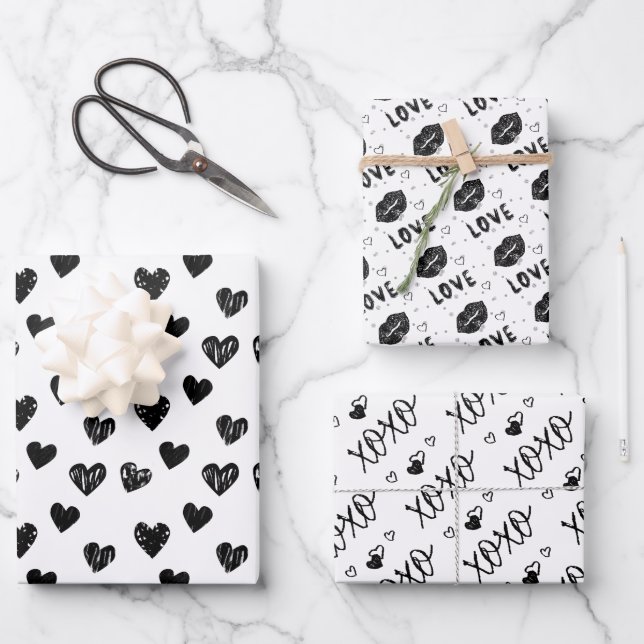 modern hand drawn black & white hearts wrapping paper sheets (Front)