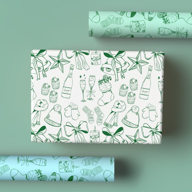 Modern Hand Drawn Blue Green Christmas Celebration Wrapping Paper Sheets (Creator Uploaded)
