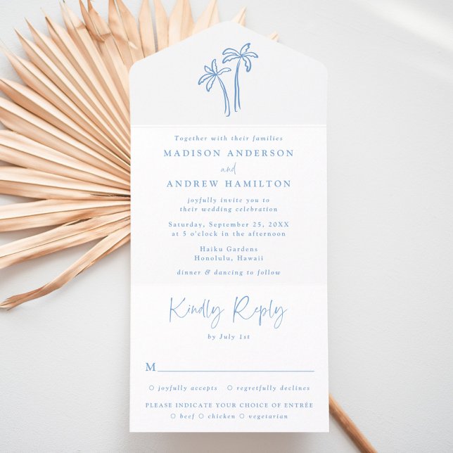 Modern Hand-Drawn Blue Palm Trees Wedding All In One Invitation (Creator Uploaded)