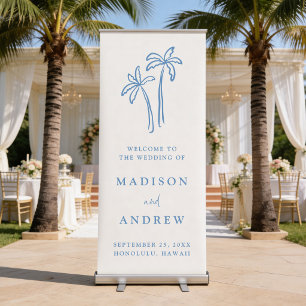 Modern Hand-Drawn Blue Palm Trees Wedding Welcome Retractable Banner