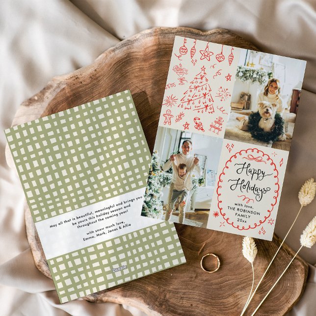 Modern Hand Drawn Boho Happy Holidays 2 Photo Holiday Card (Creator Uploaded)