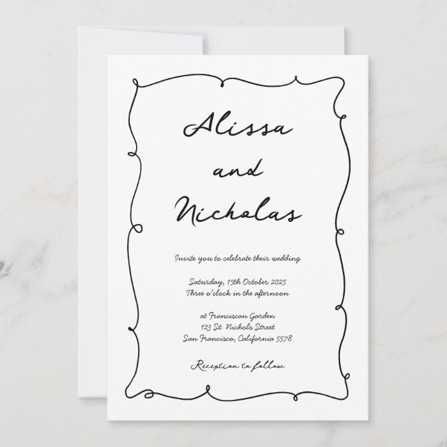 Modern Hand Drawn Border & Script Monogram Wedding Invitation (Front)