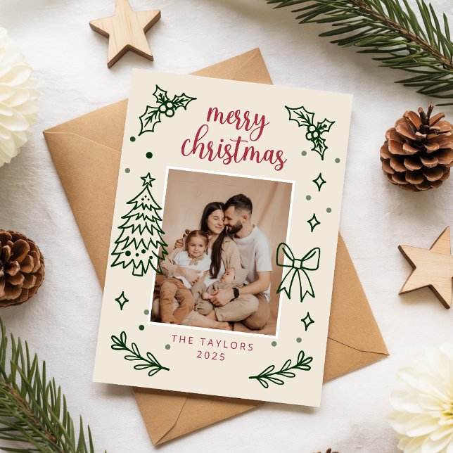 Modern Hand Drawn Botanical Family Photo Christmas Holiday Card (Creator Uploaded)